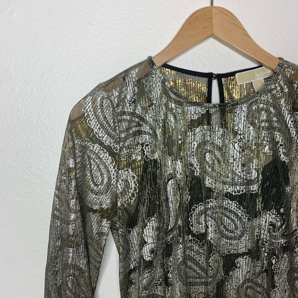 MICHAEL Michael Kors Gold Black Foil Paisley Long Sleeve Overlay Midi Dress - Picture 2 of 11